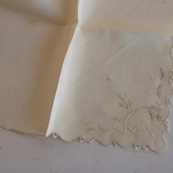 Vintage Ivory Handkerchief, Embroidered Rayon Hankie Pocket Square - Picture 6 of 10
